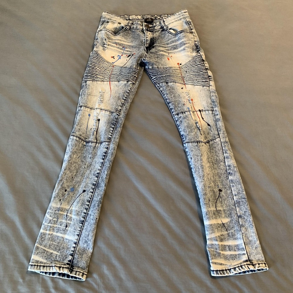 R Scoop Jeans Juniors 16 Blue Paint Splatter‎ Moto Biker Stretch Denim Straight